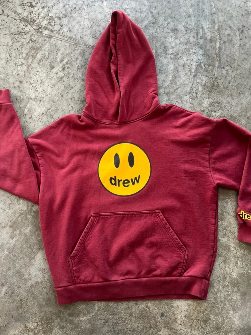 DREW Justin Bieber Burgundy Hoodie with Yellow Smiley Logo - Picture 2 of 9